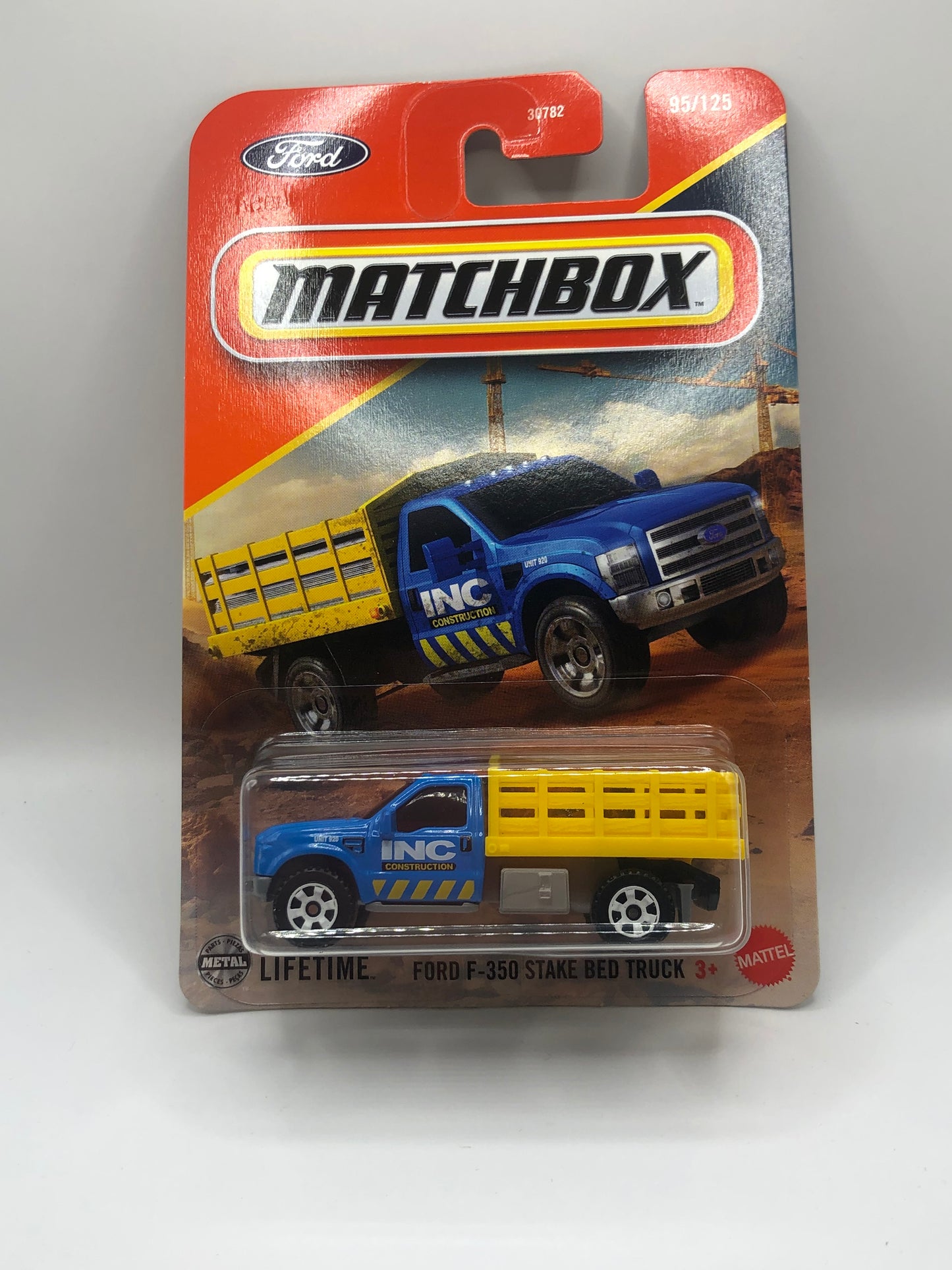 Ford F-350 Stake Bed Truck Matchbox 1:64 Die Cast Blue/Yellow 95/125