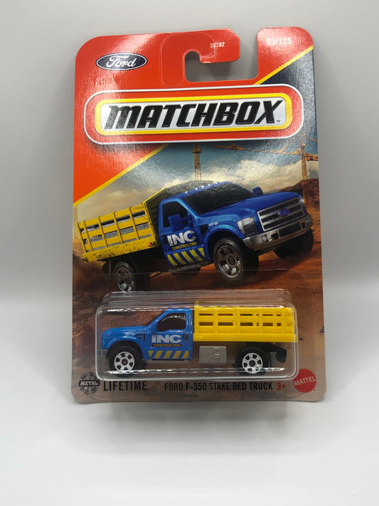 Ford F-350 Stake Bed Truck Matchbox 1:64 Die Cast Blue/Yellow 95/125